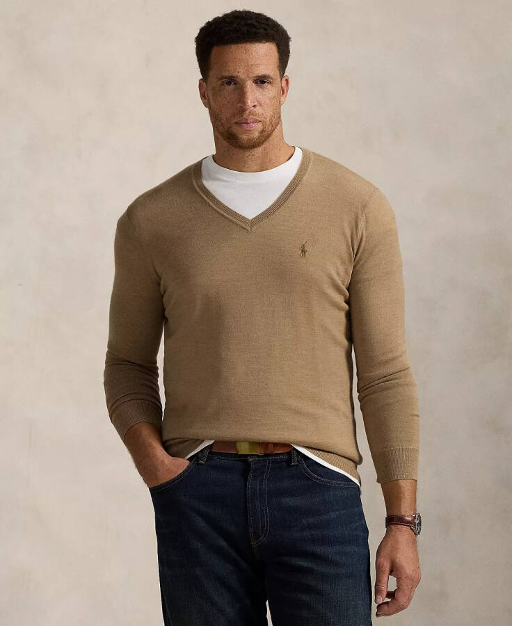 Men's Big & Tall Washable Wool V-Neck Sweater Camel Melange - 1