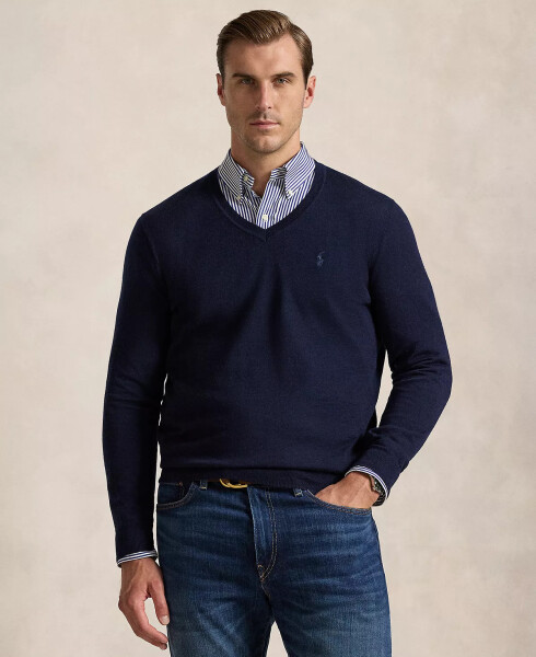 Men's Big & Tall Washable Wool V-Neck Sweater Hunter Navy - 1