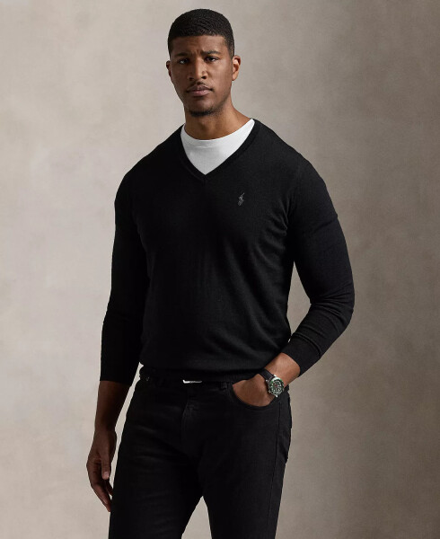 Men's Big & Tall Washable Wool V-Neck Sweater Polo Black - 1