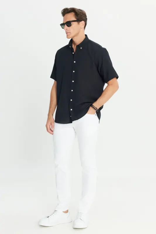 Men's Black 100% Cotton Comfort Fit Relaxed Cut Button - 2