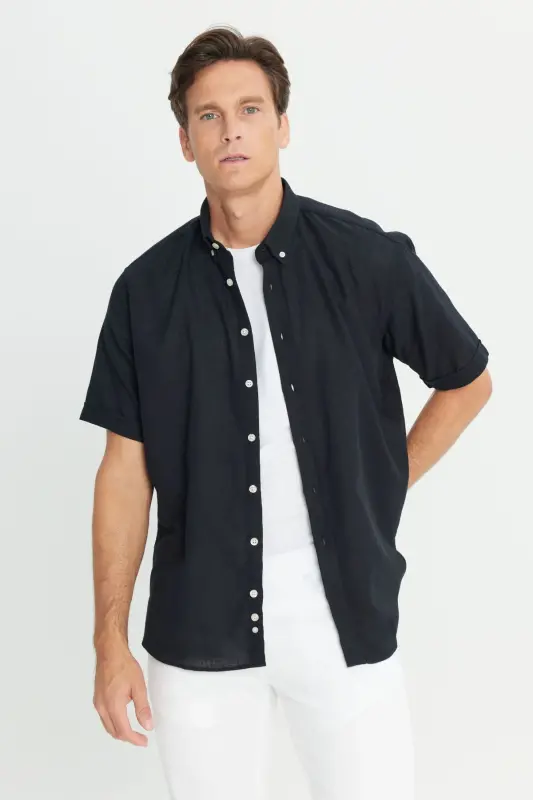 Men's Black 100% Cotton Comfort Fit Relaxed Cut Button - 3