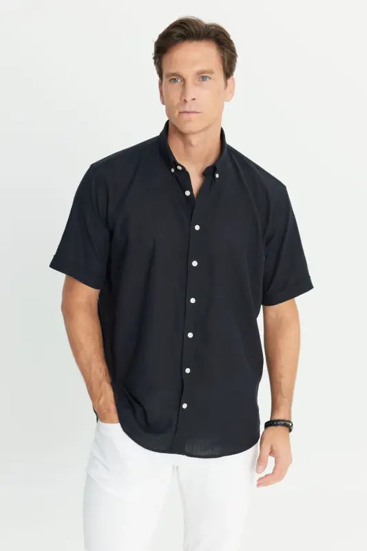 Men's Black 100% Cotton Comfort Fit Relaxed Cut Button - 4