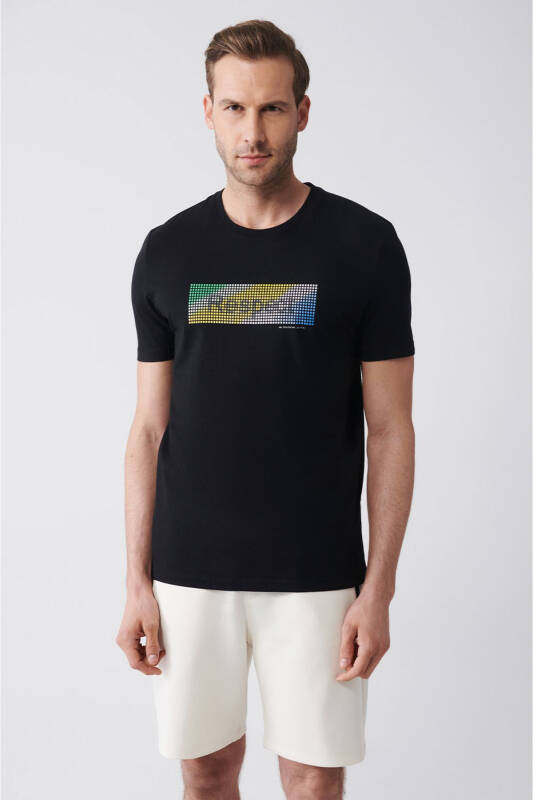 Men's Black 100% Cotton Crew Neck Printed T-shirt A31y1151 - 1