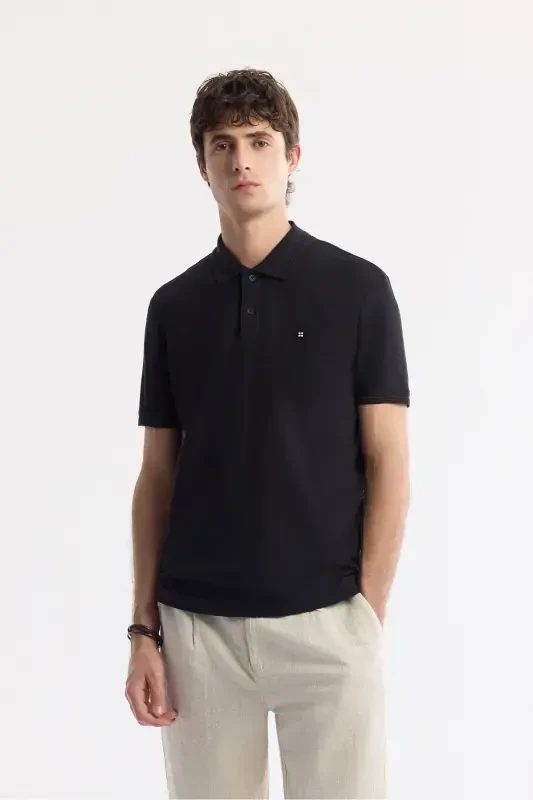 Men's Black 100% Cotton Quick Dry Regular Fit Non-Wrinkle Polo Collar T-shirt B001032 - 1