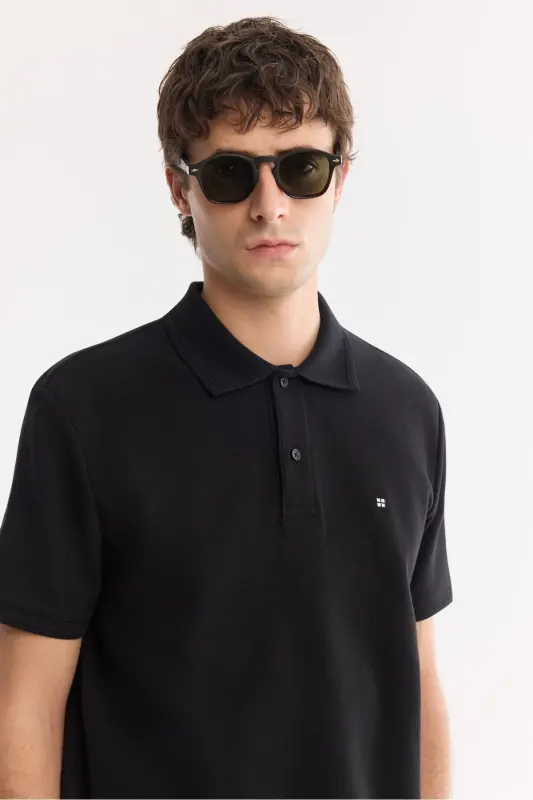 Men's Black 100% Cotton Quick Dry Regular Fit Non-Wrinkle Polo Collar T-shirt B001032 - 3