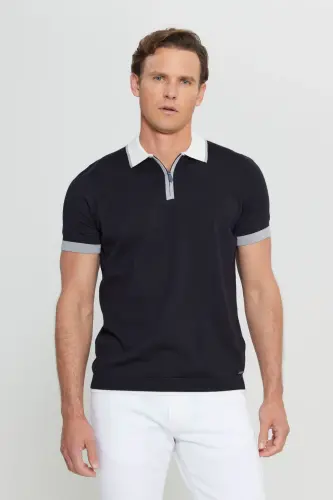 Men's Black 100% Cotton Standard Fit Regular Cut Polo Collar Knitted T-Shirt-Black - 1