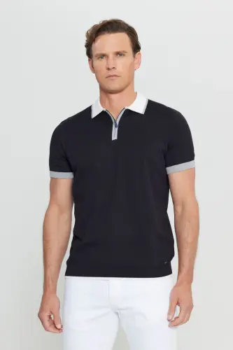 Men's Black 100% Cotton Standard Fit Regular Cut Polo Collar Knitted T-Shirt-Black - 3