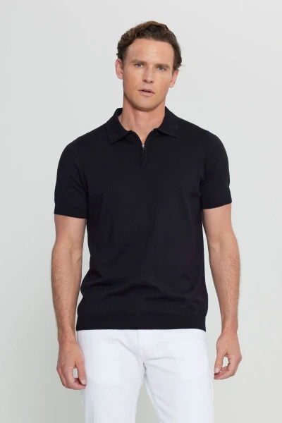 Men's Black 100% Cotton Standard Fit Regular Cut Polo Neck Knitted T-Shirt 