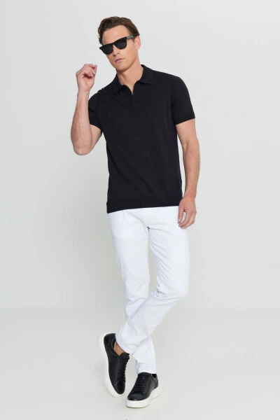 Men's Black 100% Cotton Standard Fit Regular Cut Polo Neck Knitted T-Shirt - 2