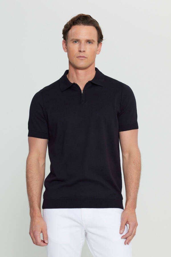 Men's Black 100% Cotton Standard Fit Regular Cut Polo Neck Knitted T-Shirt - 3