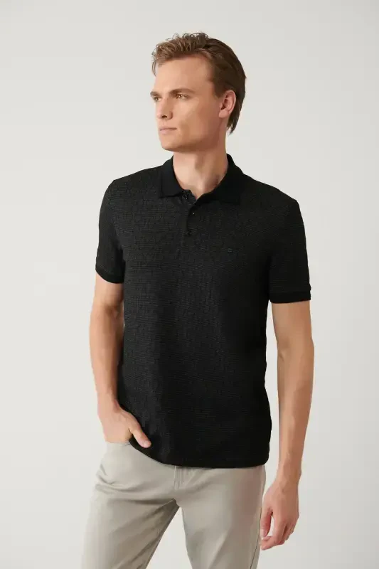 Men's Black 3-Button Polo Collar Jacquard Regular Fit T-shirt A41y1051 - AVVA