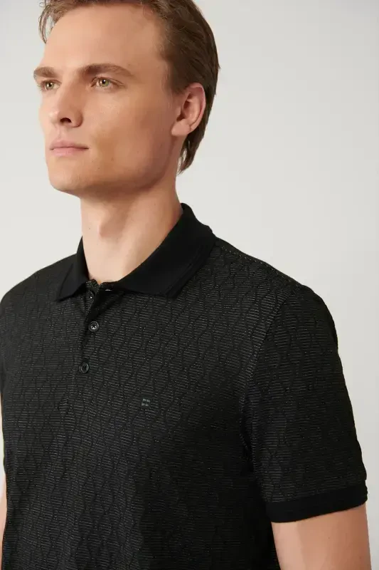 Men's Black 3-Button Polo Collar Jacquard Regular Fit T-shirt A41y1051 - 2