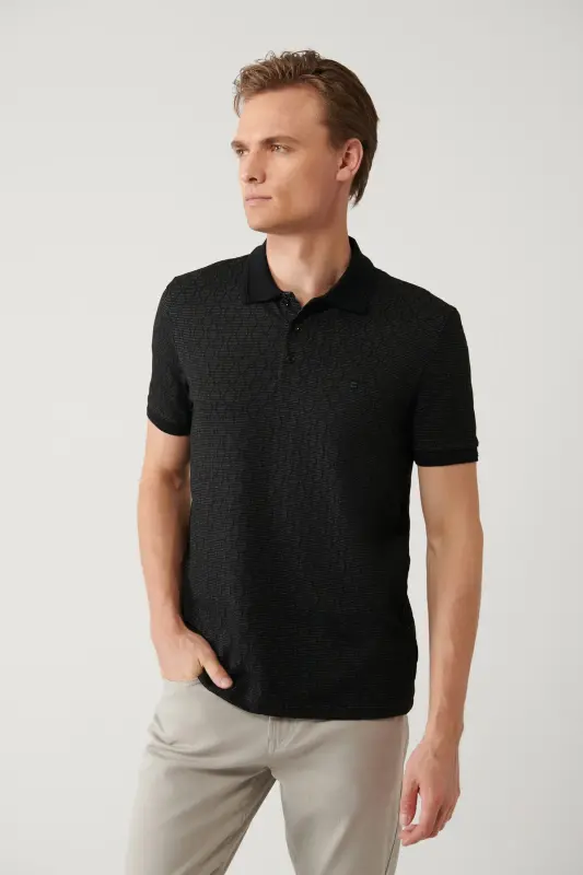 Men's Black 3-Button Polo Collar Jacquard Regular Fit T-shirt A41y1051 - AVVA