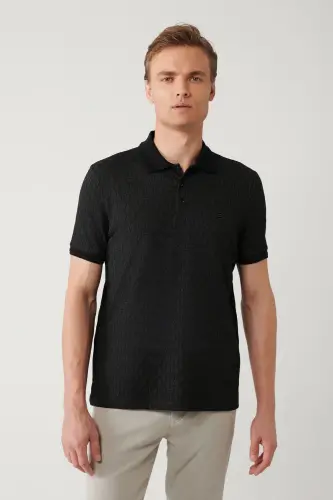 Men's Black 3-Button Polo Collar Jacquard Regular Fit T-shirt A41y1051 - 3