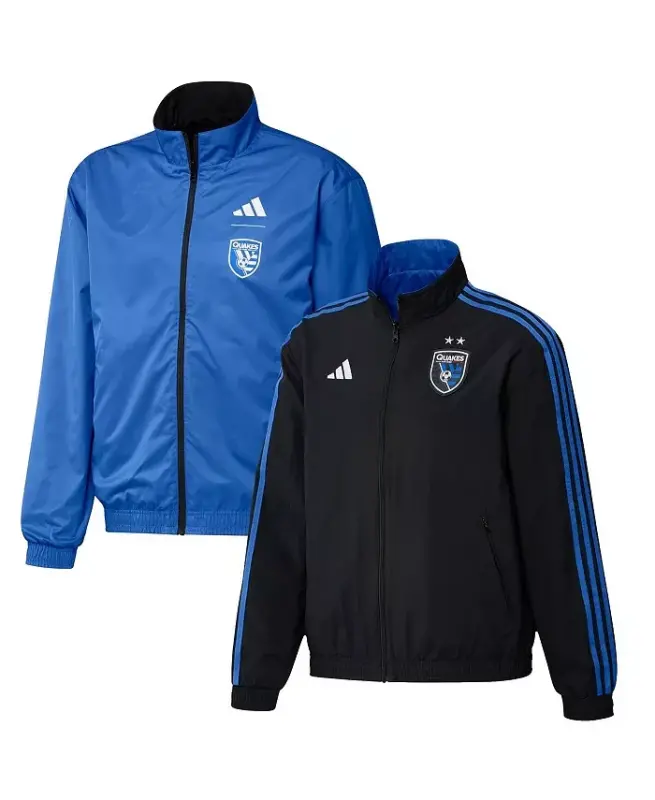 Men's Black and Blue San Jose Earthquakes 2023 On-Field Anthem Full-Zip Reversible Team Jacket-Black, Blue - 1