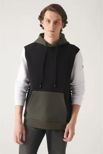 Men's Black and White Hooded 3 Thread Fleece Sweatshirt - 1