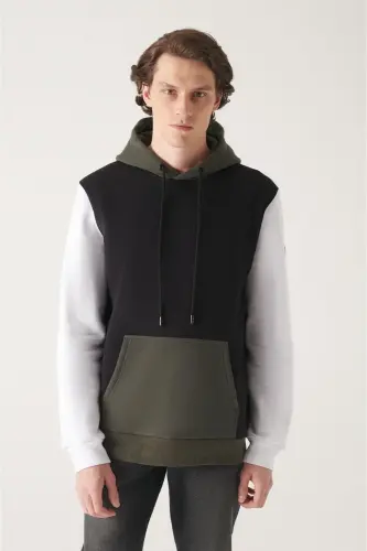 Men's Black and White Hooded 3 Thread Fleece Sweatshirt - 3