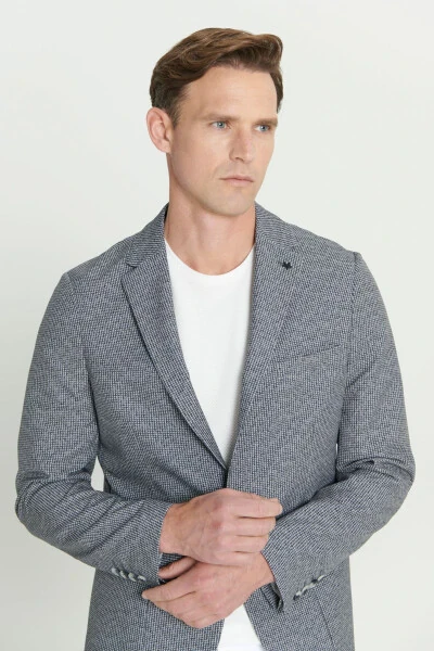 Men's Black and White Slim Fit Narrow Cut Mono Collar Des - 4