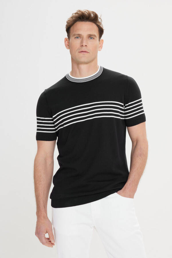 Men's Black and White Standard Fit Regular Fit 100% Cotton Striped Crew Neck Knitted T-Shirt - 1