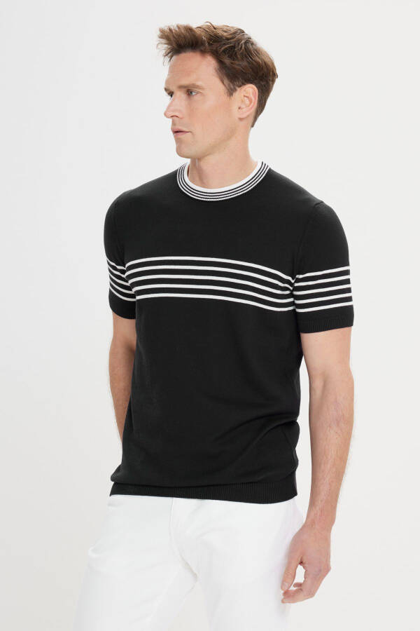 Men's Black and White Standard Fit Regular Fit 100% Cotton Striped Crew Neck Knitted T-Shirt - 3