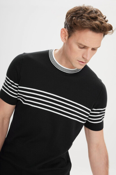 Men's Black and White Standard Fit Regular Fit 100% Cotton Striped Crew Neck Knitted T-Shirt - 4