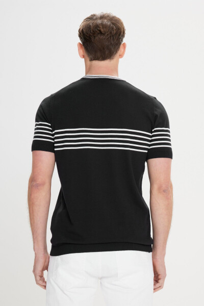 Men's Black and White Standard Fit Regular Fit 100% Cotton Striped Crew Neck Knitted T-Shirt - 5