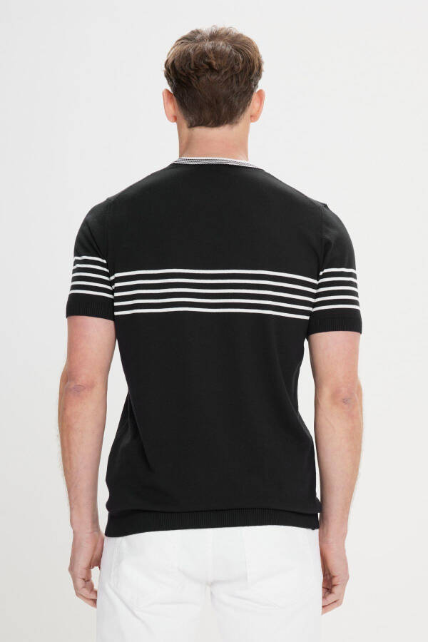 Men's Black and White Standard Fit Regular Fit 100% Cotton Striped Crew Neck Knitted T-Shirt - 5