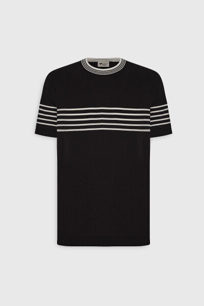 Men's Black and White Standard Fit Regular Fit 100% Cotton Striped Crew Neck Knitted T-Shirt - 6