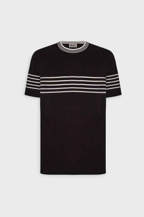 Men's Black and White Standard Fit Regular Fit 100% Cotton Striped Crew Neck Knitted T-Shirt - 6