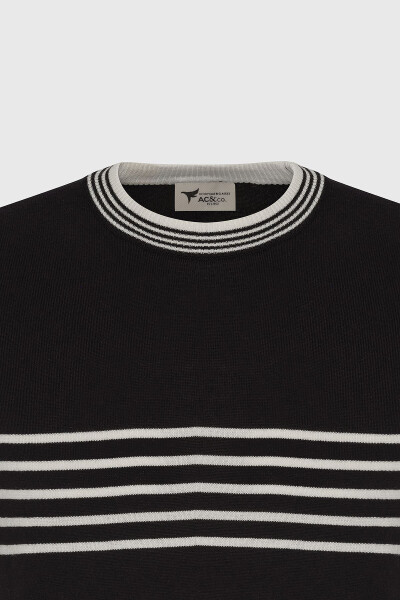 Men's Black and White Standard Fit Regular Fit 100% Cotton Striped Crew Neck Knitted T-Shirt - 7