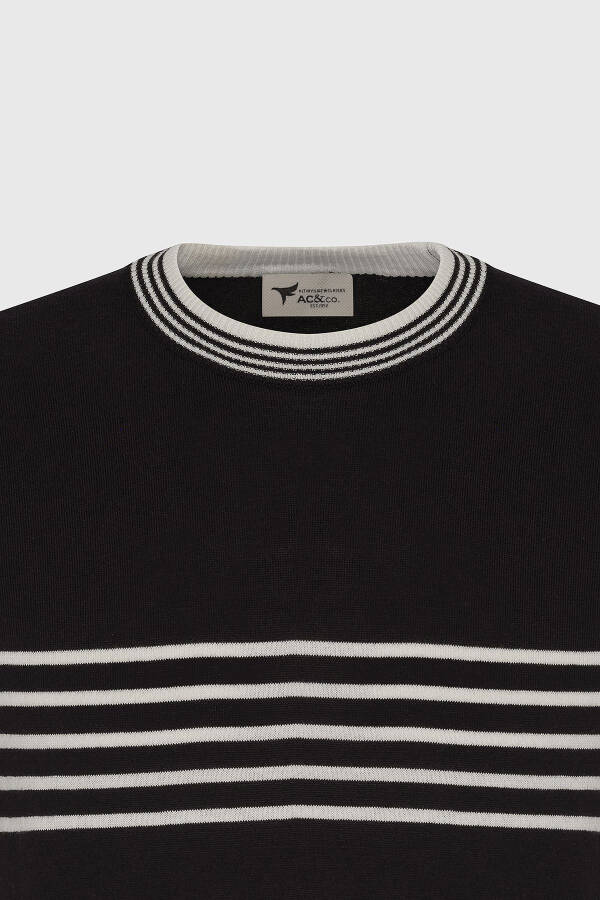 Men's Black and White Standard Fit Regular Fit 100% Cotton Striped Crew Neck Knitted T-Shirt - 7