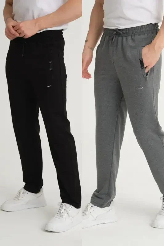 Men's Black-Anthracite Relaxed Fit Straight Leg Embroidered Detail Jersey Fabric Sweatpants-Black - 1