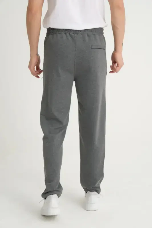 Men's Black-Anthracite Relaxed Fit Straight Leg Embroidered Detail Jersey Fabric Sweatpants-Black - 4