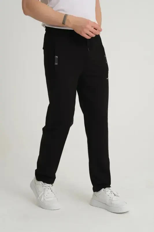 Men's Black-Anthracite Relaxed Fit Straight Leg Embroidered Detail Jersey Fabric Sweatpants-Black - 7