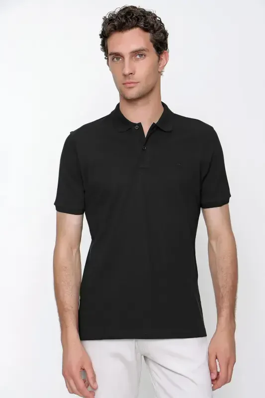 Men's Black Basic Plain 100% Cotton Slim Fit Short Sleeve Polo Neck T-Shirt - 1