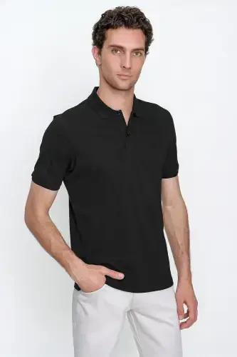 Men's Black Basic Plain 100% Cotton Slim Fit Short Sleeve Polo Neck T-Shirt - 3