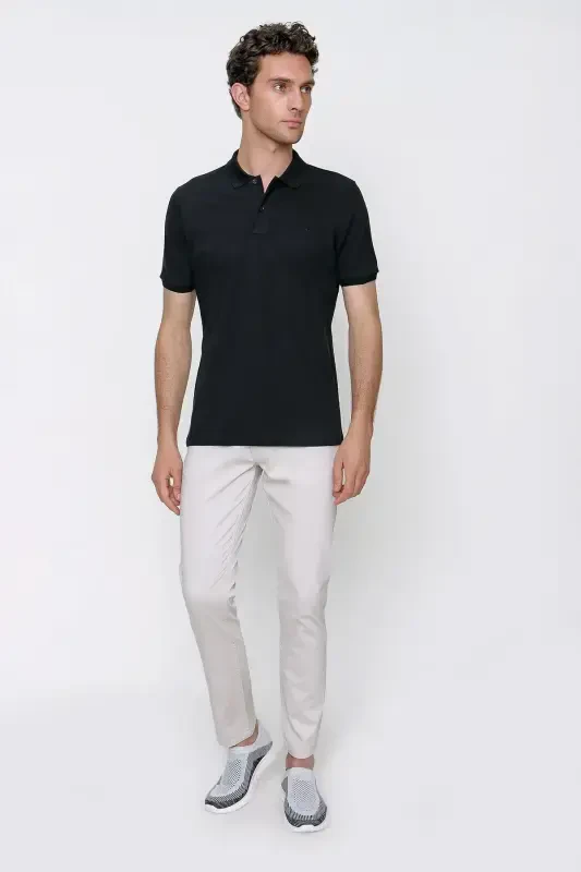 Men's Black Basic Plain 100% Cotton Slim Fit Short Sleeve Polo Neck T-Shirt - 4
