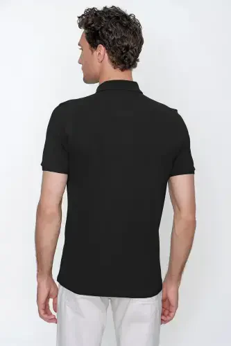 Men's Black Basic Plain 100% Cotton Slim Fit Short Sleeve Polo Neck T-Shirt - 6