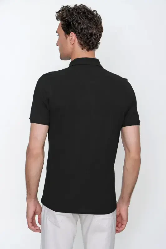 Men's Black Basic Plain 100% Cotton Slim Fit Short Sleeve Polo Neck T-Shirt - 6