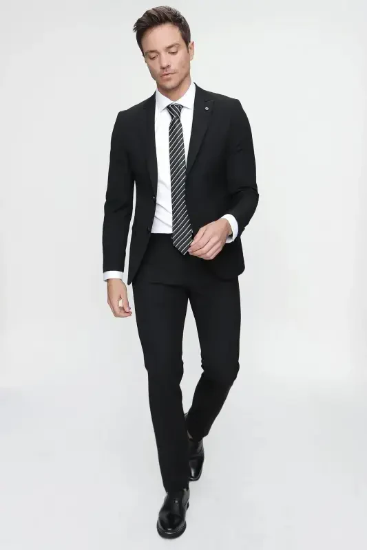 Men's Black Basic Plain Slim Fit Narrow Cut 6 Drop Suit - 1
