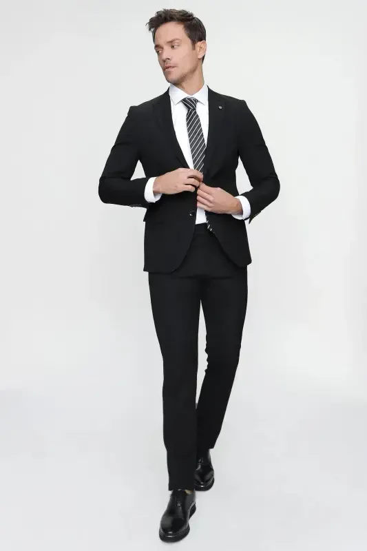 Men's Black Basic Plain Slim Fit Narrow Cut 6 Drop Suit - 2