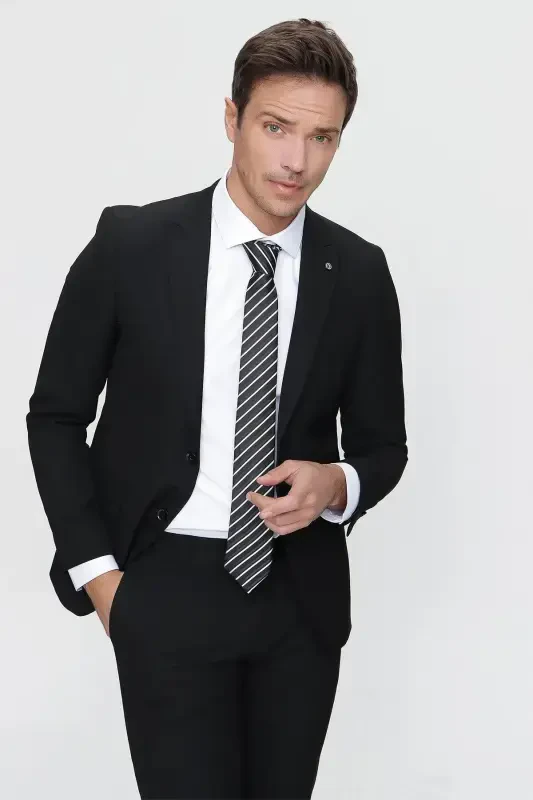 Men's Black Basic Plain Slim Fit Narrow Cut 6 Drop Suit - 3