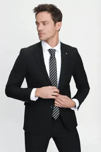 Men's Black Basic Plain Slim Fit Narrow Cut 6 Drop Suit - 5