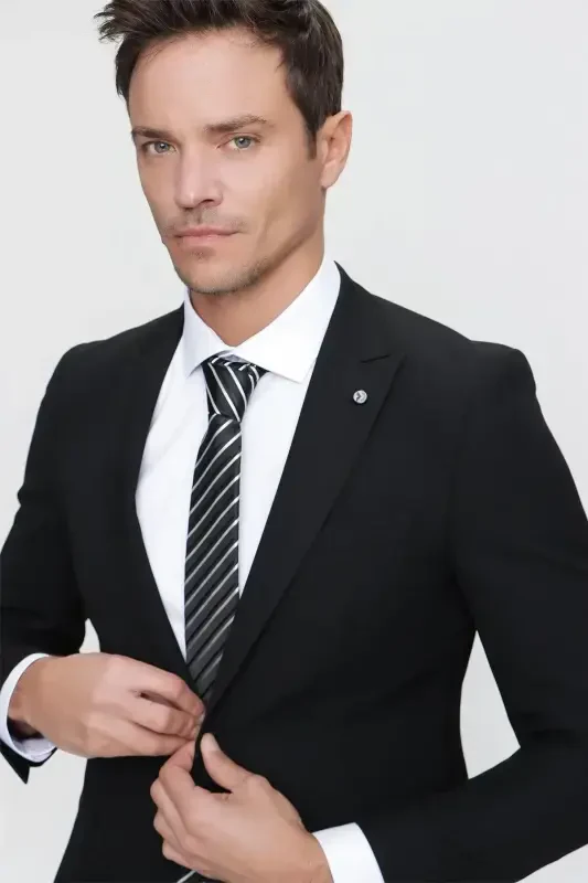 Men's Black Basic Plain Slim Fit Narrow Cut 6 Drop Suit - 6