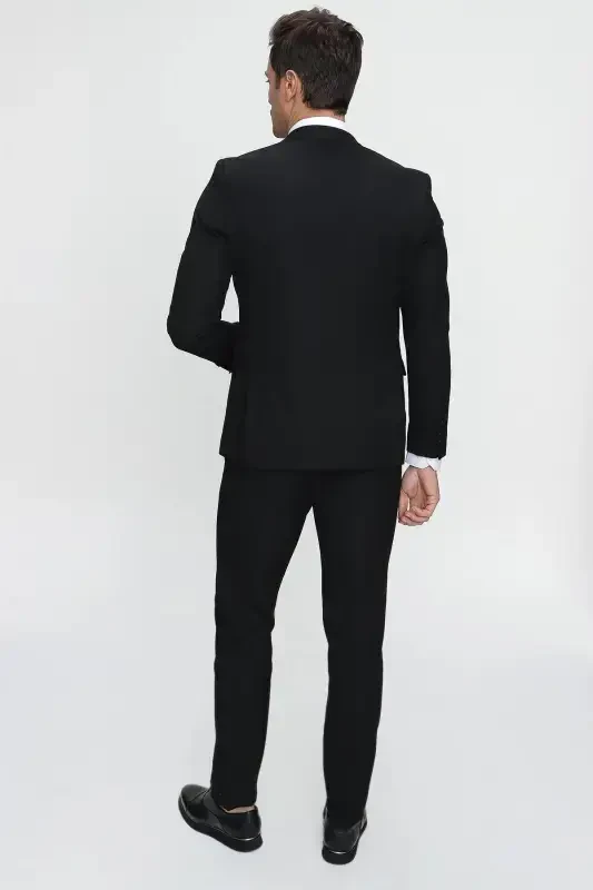 Men's Black Basic Plain Slim Fit Narrow Cut 6 Drop Suit - 7
