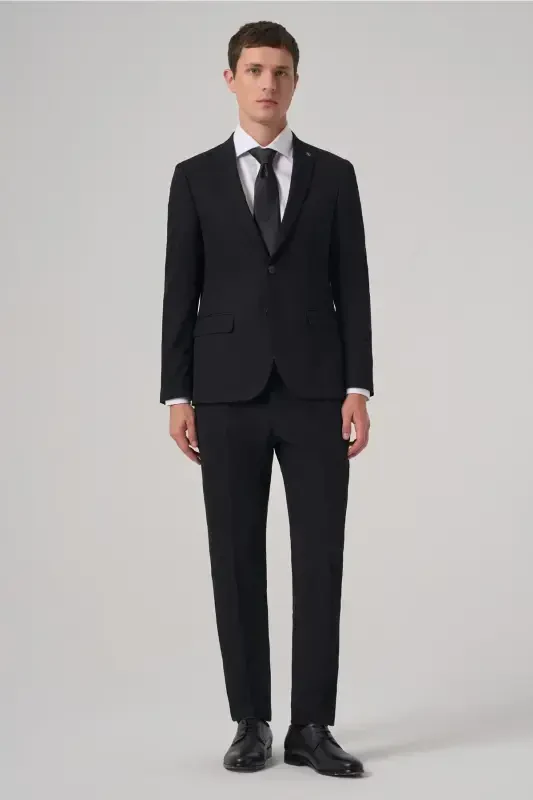 Men's Black Basic Plain Slim Fit Narrow Cut Double Slit Suit - 3