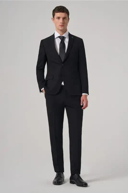 Men's Black Basic Plain Slim Fit Narrow Cut Double Slit Suit - 4