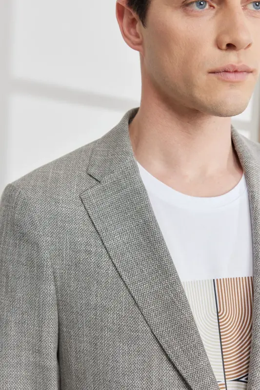 Men's Black-Beige Comfort Fit Relaxed Fit Mono Collar Patterned Blazer Jacket-Black - 5