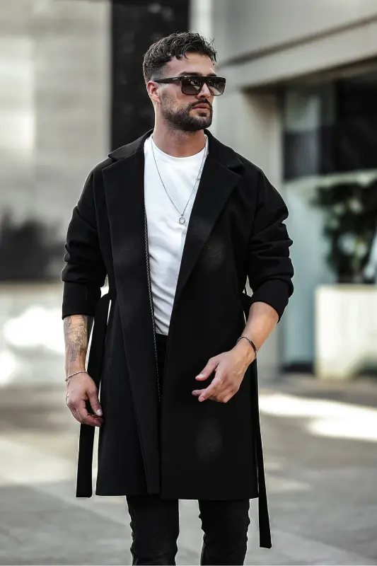 Men's Black Belted Oversize Comfort Fit Cashmere Coat - Black - 1