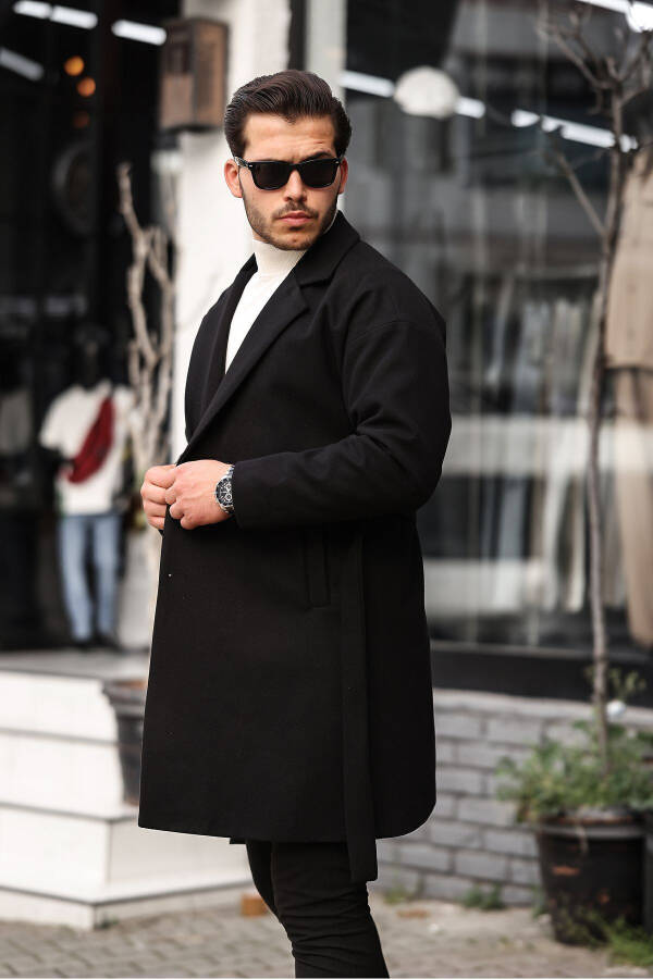 Men's Black Belted Oversized Relaxed Fit Wool Coat - 4